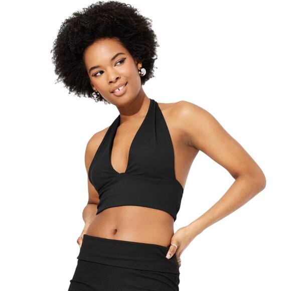 Wild Fable Crop Top Size Large Halter Plunge ButterBliss Tank Top Black Modern - Picture 1 of 9